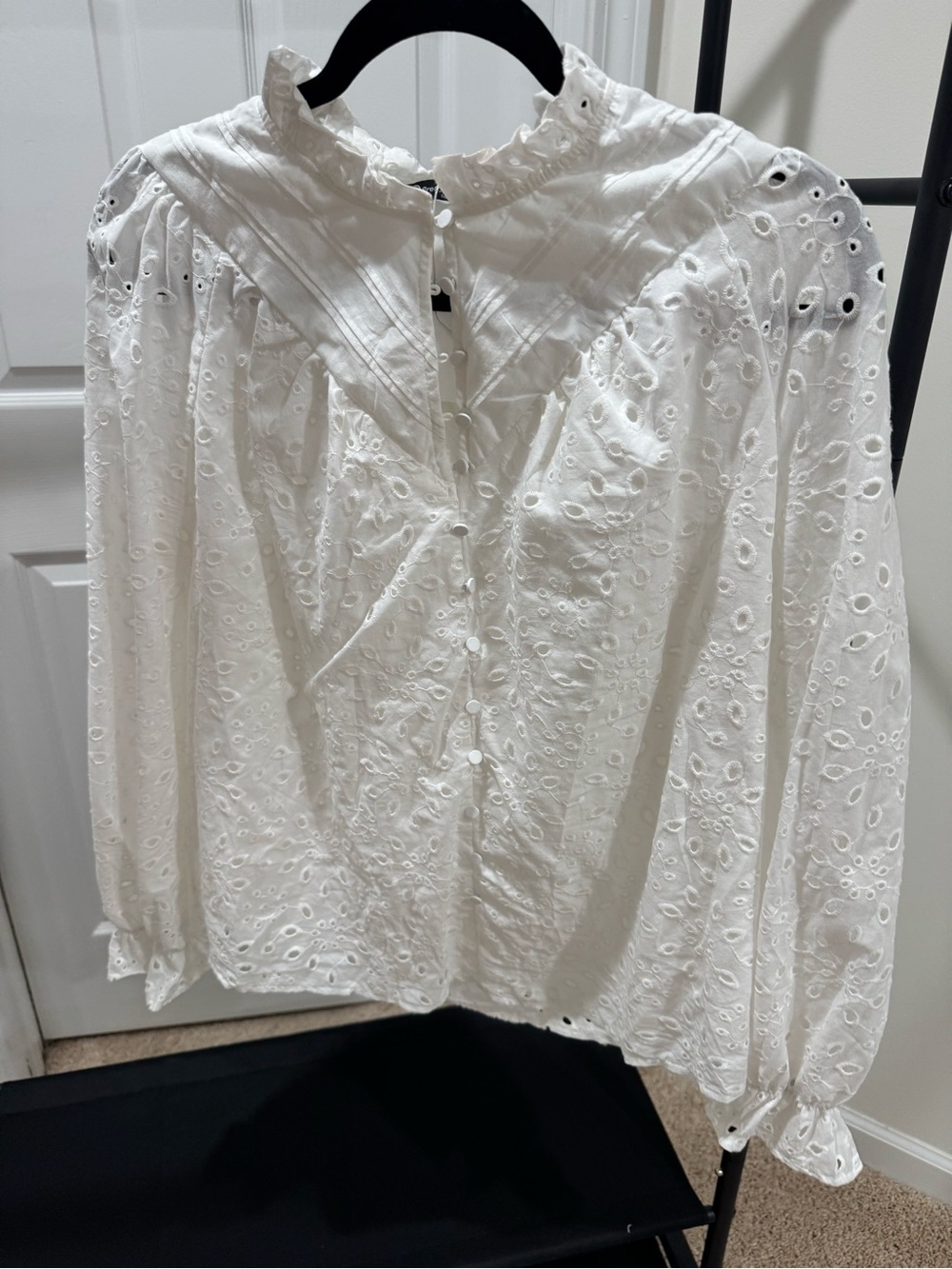 White Eyelet Button-Front Victorian Blouse